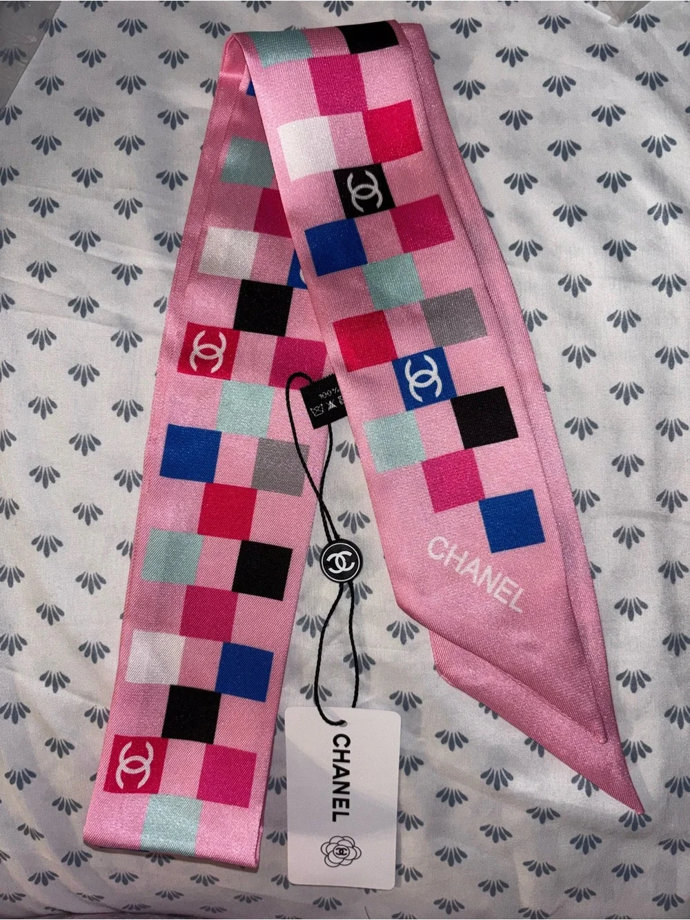 Brand New  Pink Multicolor 100% Silk Twilly with Checker Blocks